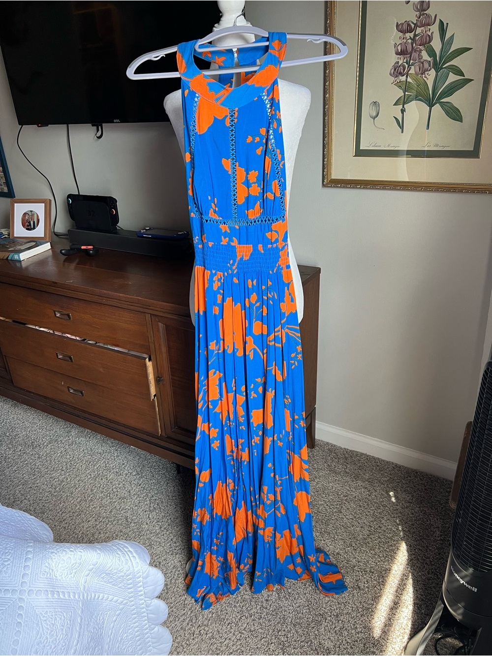 Bright Blue Maxi Dress with Orange Floral Print